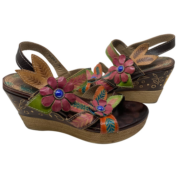 L'Artiste Spring Step Althea Leather Floral Wedge Heel Sandals Sz 38 US 7.5/8 - Picture 2 of 13
